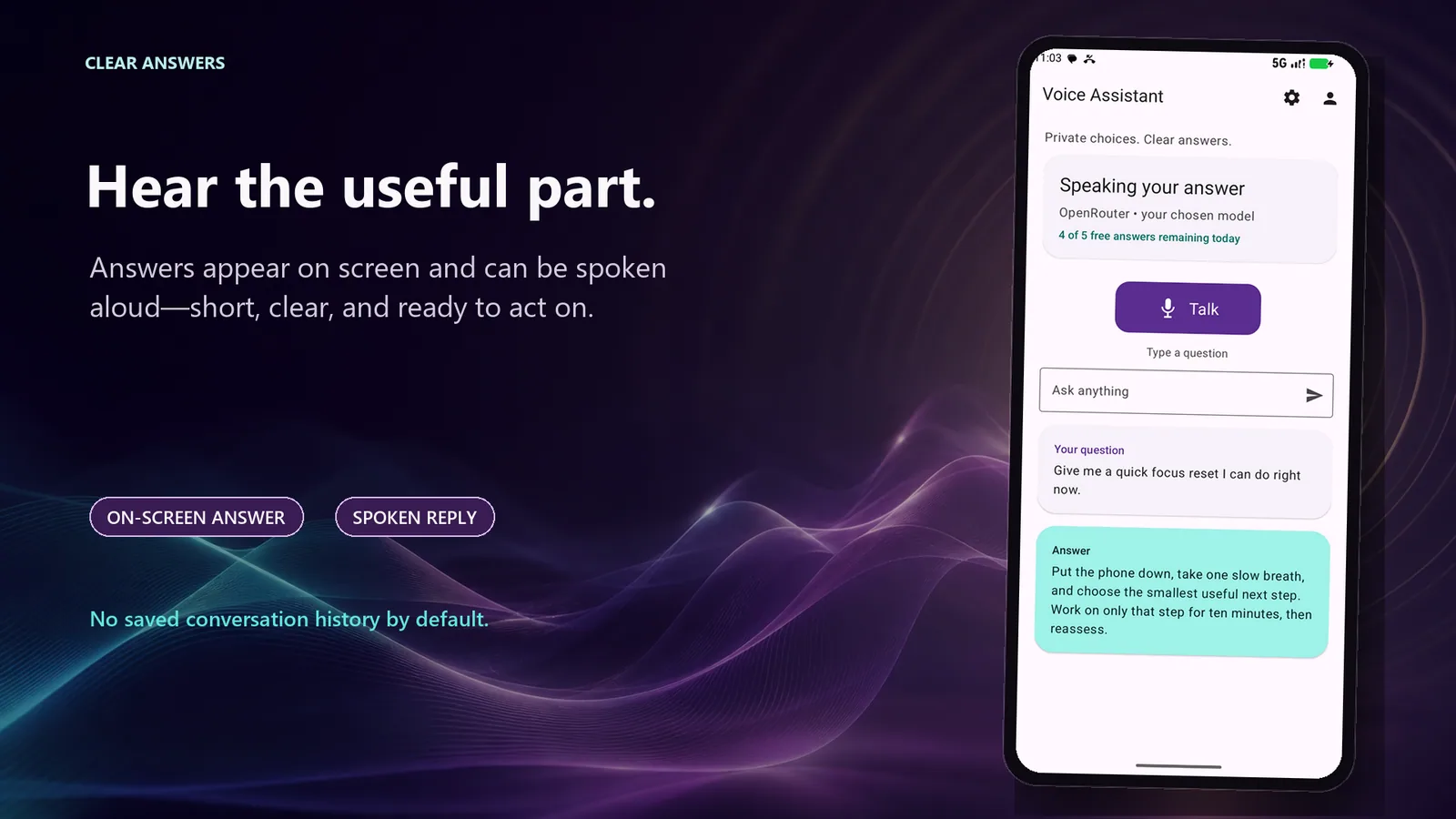 A spoken answer displayed and read aloud on screen