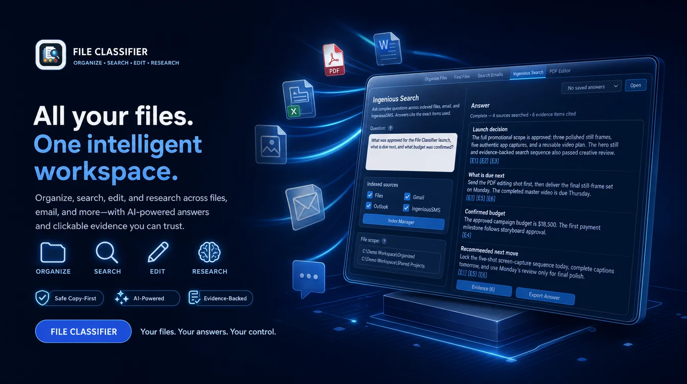 Ingenious File Classifier 8.9 Windows workspace for files, email, PDF pages, and forms