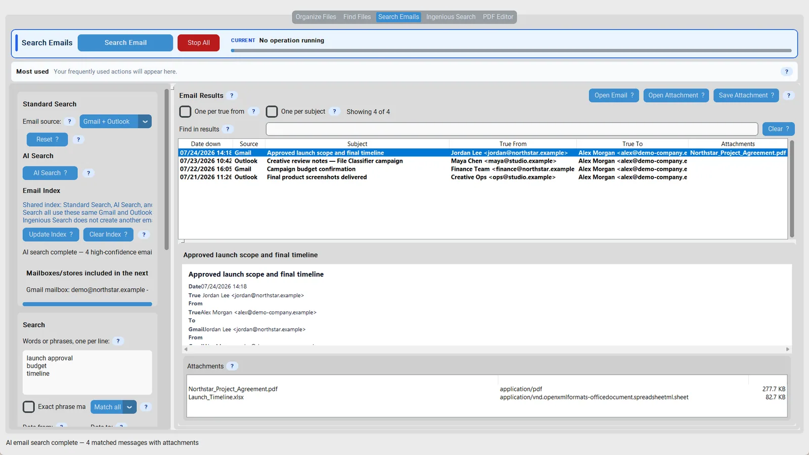 Gmail search results and attachments shown inside File Classifier