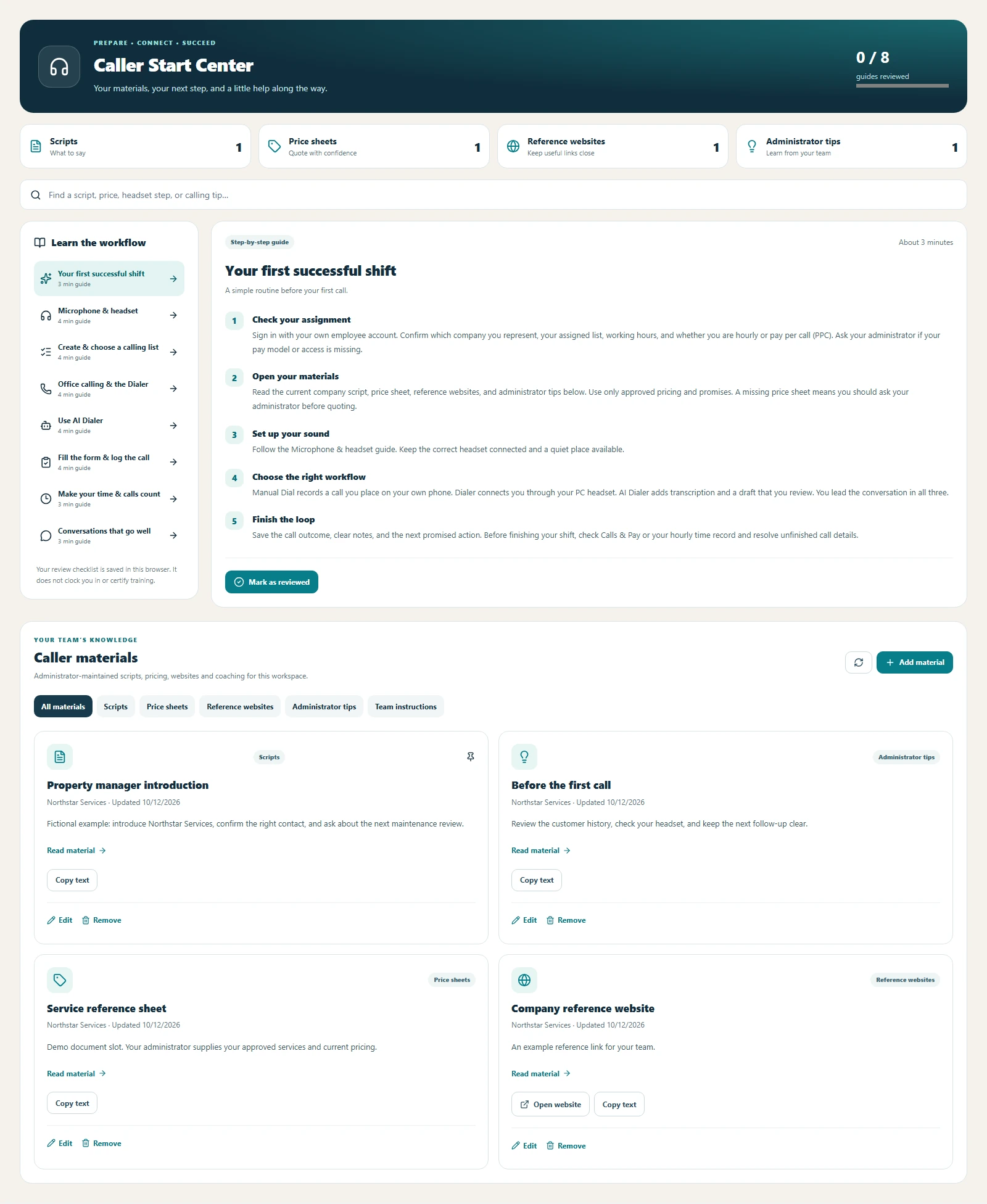 Caller Start Center with eight step-by-step guides, review progress and administrator-maintained scripts, pricing, websites and tips