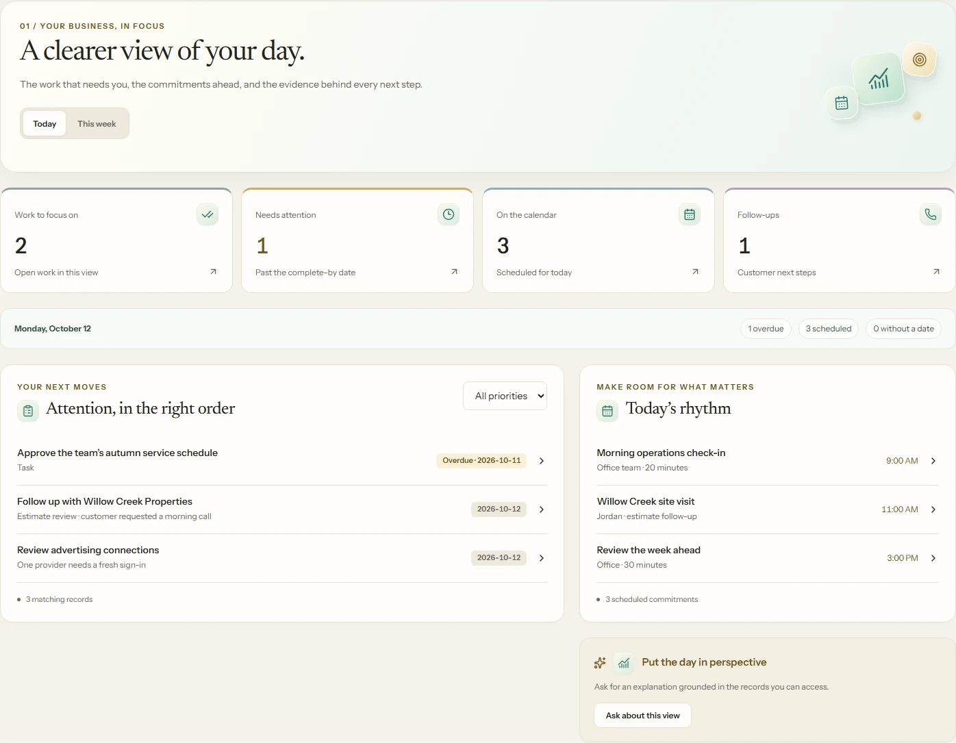 Refreshed Owner Dashboard with Today and This Week, priority filters, overdue work and appointments