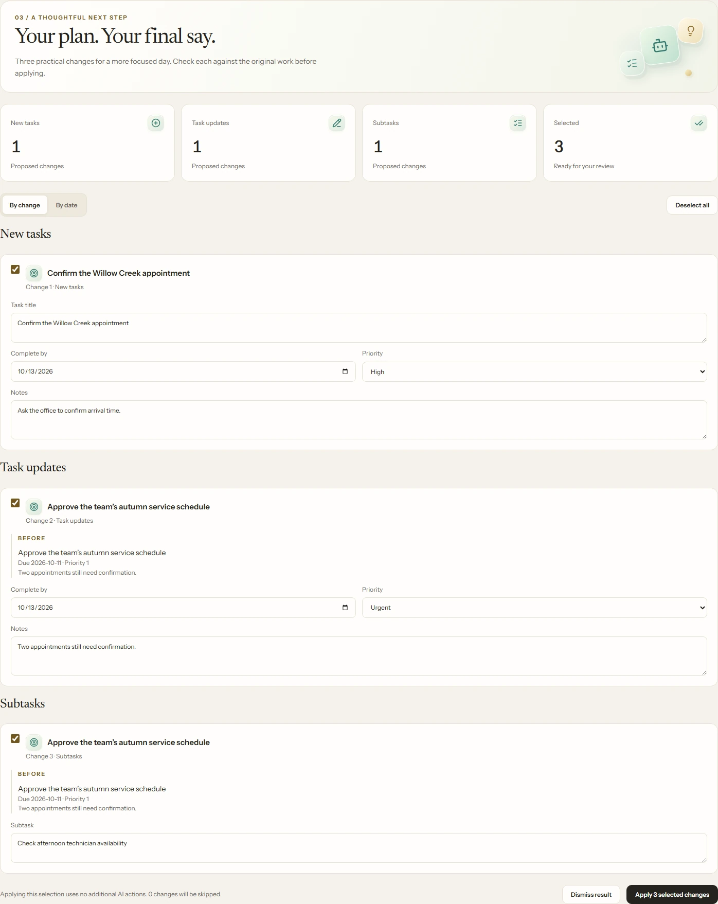 AI task review board with selected new tasks, task updates, subtasks and editable details