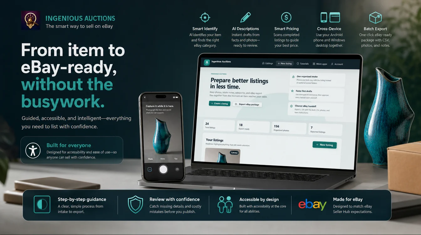 Ingenious Auctions showing its guided cross-device workflow and accessible-by-design approach