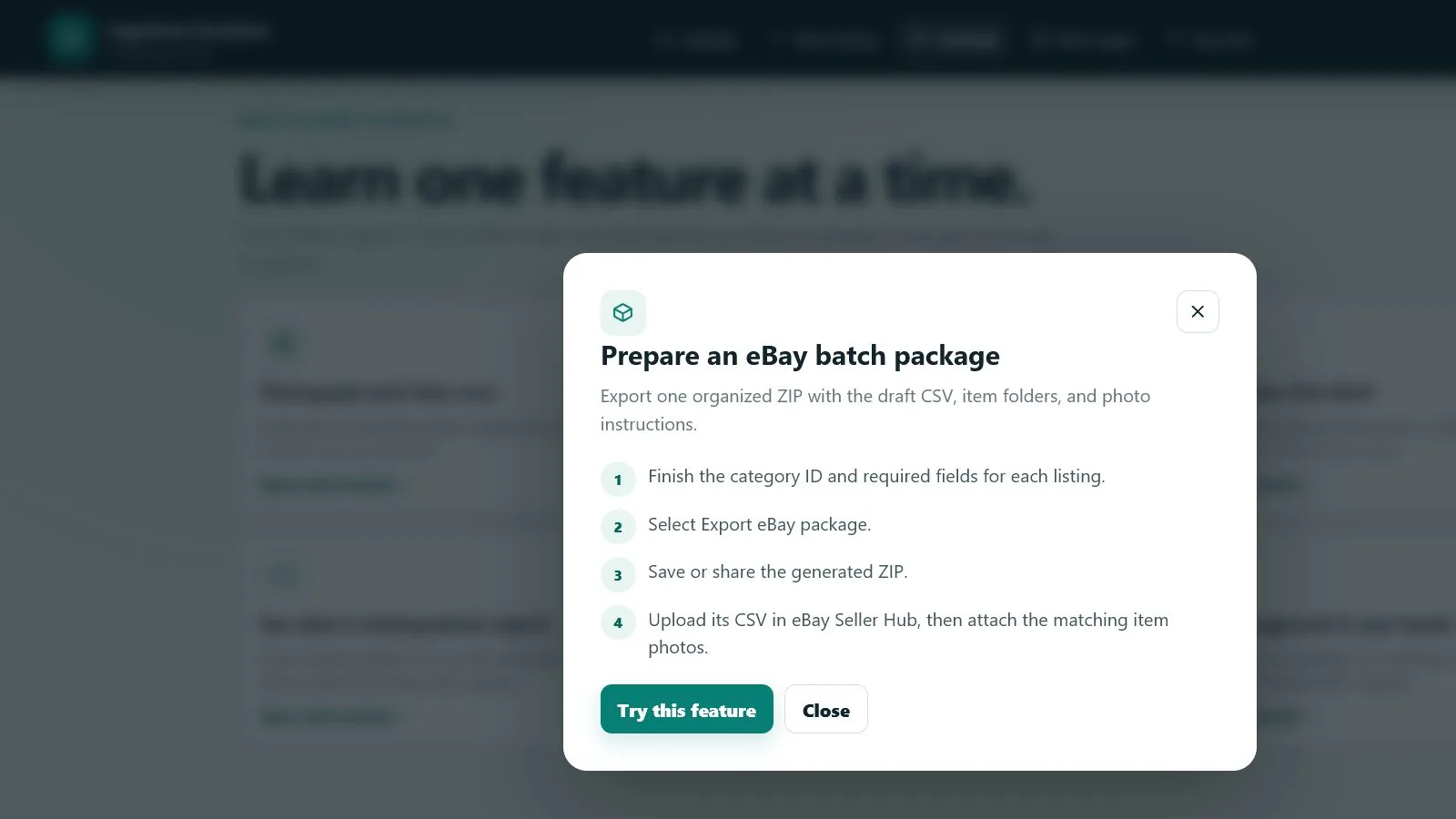 Exporting a batch package for eBay Seller Hub