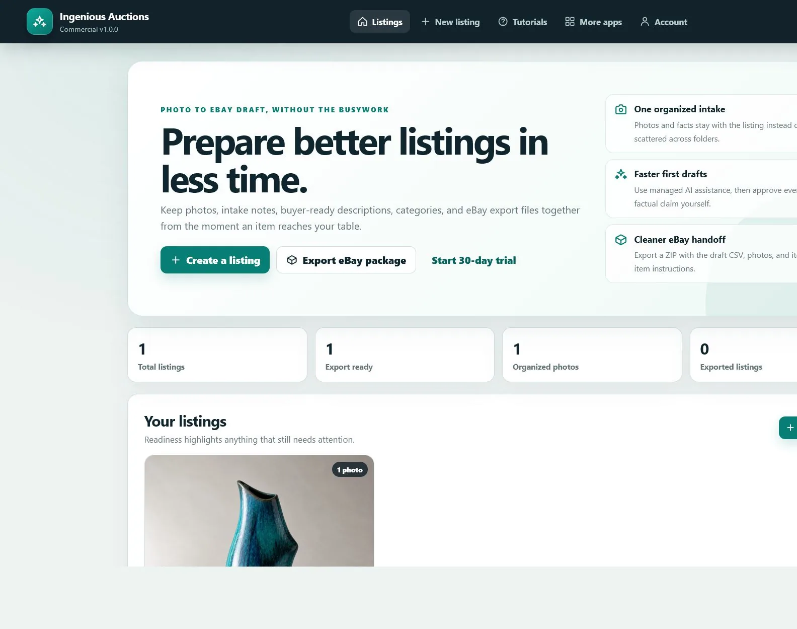 Dashboard showing listings and their readiness state