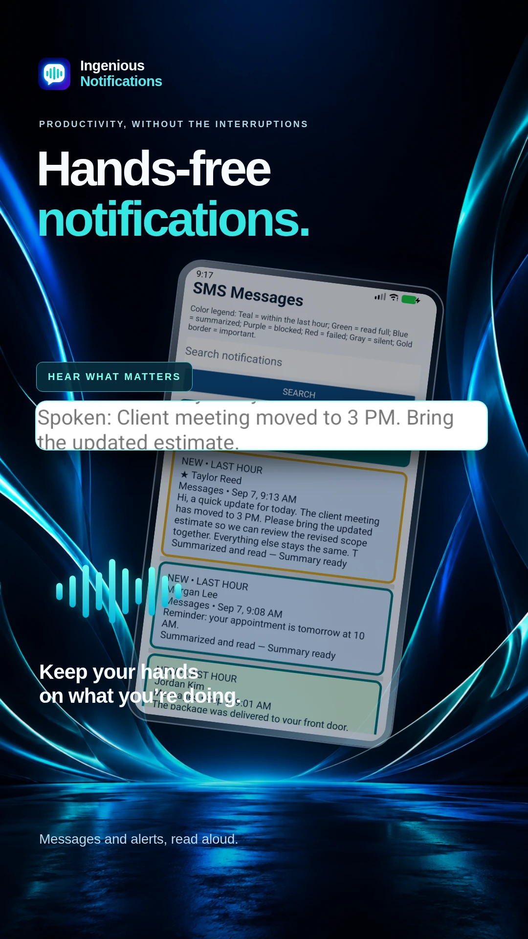 Message history showing a fictional meeting update summarized and read aloud